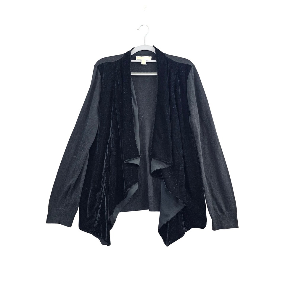 Michael Kors Cardigan Women XL Black Solid Velvet Trim Open Front Waterfall Knit